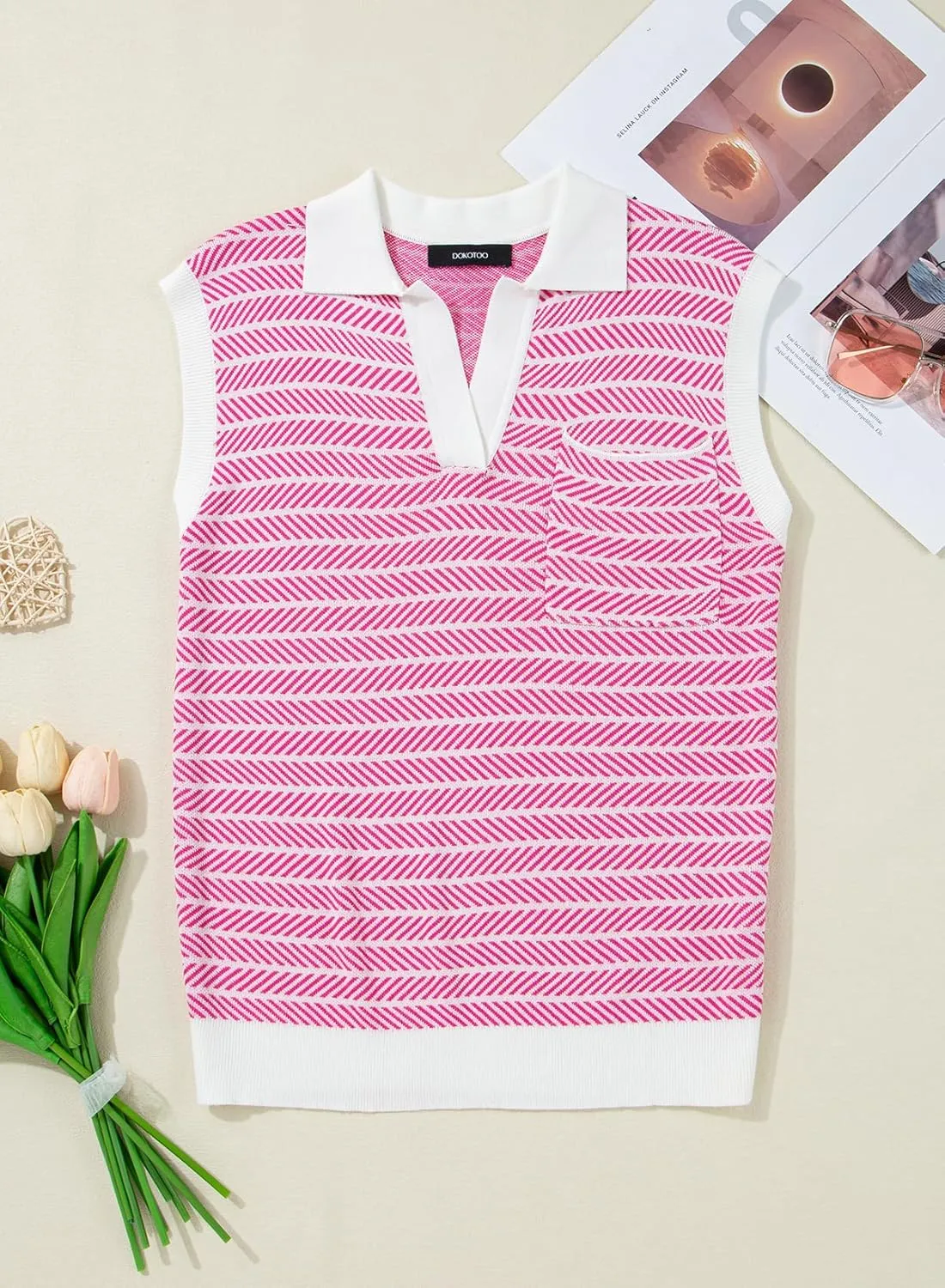 Dokotoo Women's Summer Short Cap Sleeve Sweaters Tops Casual Striped Color Block V Neck Polo Knit Shirts Blouses