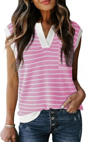 Dokotoo Women's Summer Short Cap Sleeve Sweaters Tops Casual Striped Color Block V Neck Polo Knit Shirts Blouses