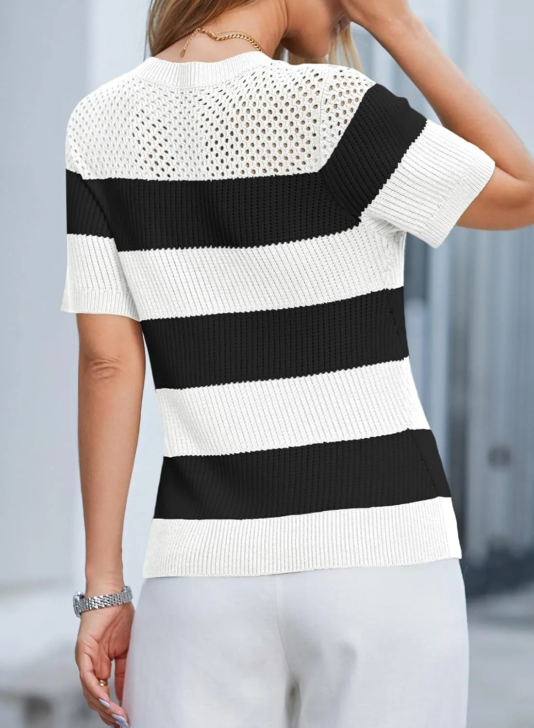 Dokotoo Womens Summer Tops Casual Short Sleeve Crewneck Striped Color Block Knit T Shirts Trendy Pullover Sweaters Blouses