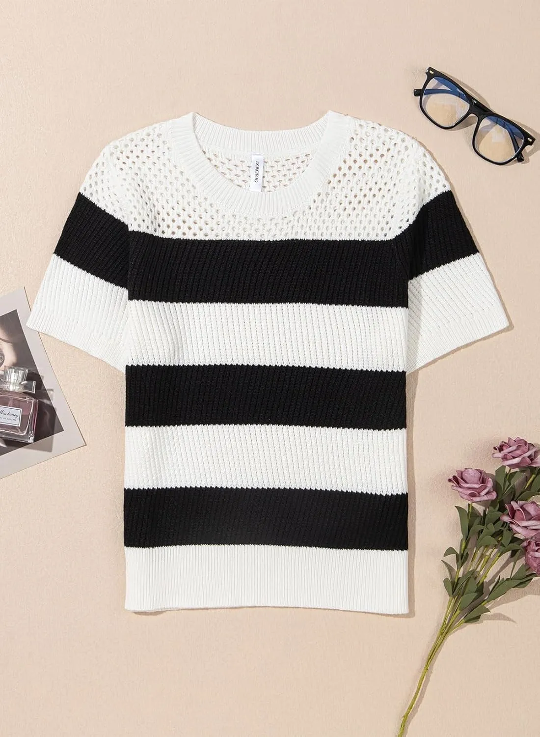 Dokotoo Womens Summer Tops Casual Short Sleeve Crewneck Striped Color Block Knit T Shirts Trendy Pullover Sweaters Blouses