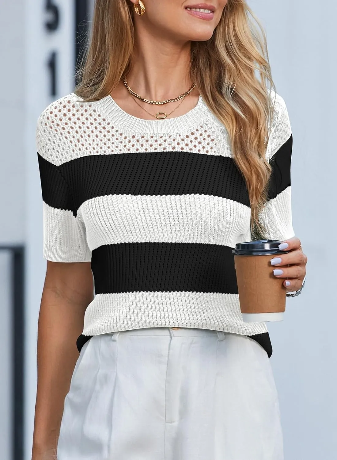 Dokotoo Womens Summer Tops Casual Short Sleeve Crewneck Striped Color Block Knit T Shirts Trendy Pullover Sweaters Blouses