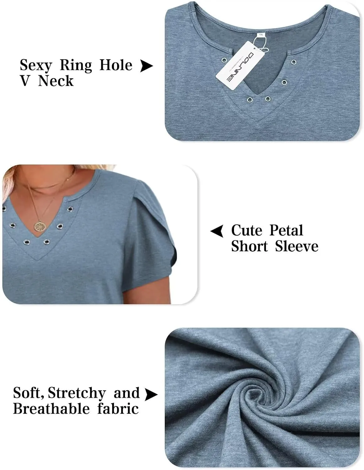 DOLNINE Womens Plus Size Tops Basic Casual T-Shirts Ring Hole V Neck Petal Short Sleeve Tee Tunics