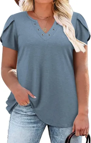 DOLNINE Womens Plus Size Tops Basic Casual T-Shirts Ring Hole V Neck Petal Short Sleeve Tee Tunics