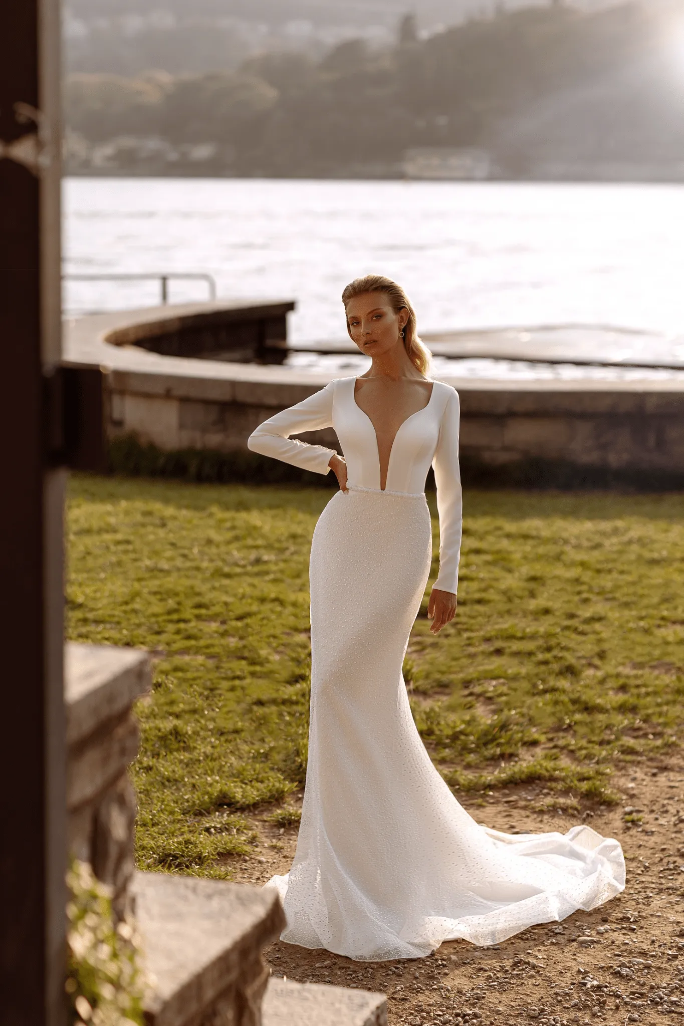 Elegant Mermaid Wedding Dress - Long Sleeve Wedding Dress - Plunging V-Neck Bridal Gown Plus Size
