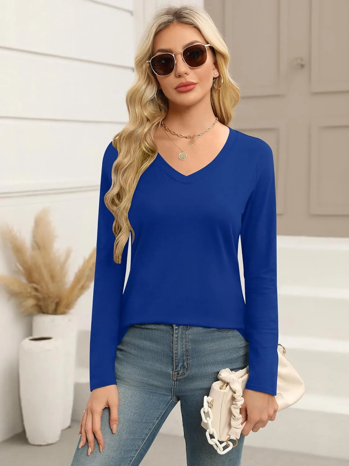 Elesomo Women Shirts V Neck Short/Long Sleeve Cotton Tops T-Shirt Basic Tees