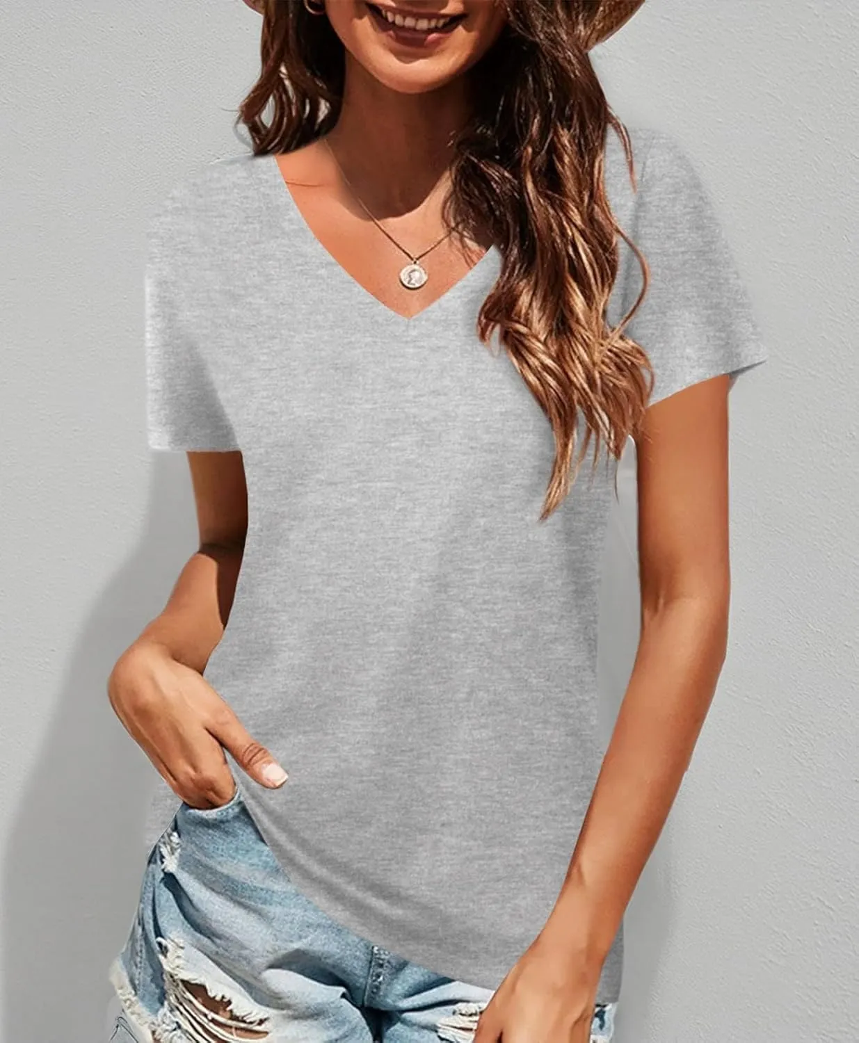 Elesomo Women Shirts V Neck Short/Long Sleeve Cotton Tops T-Shirt Basic Tees
