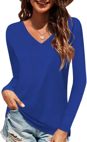Elesomo Women Shirts V Neck Short/Long Sleeve Cotton Tops T-Shirt Basic Tees