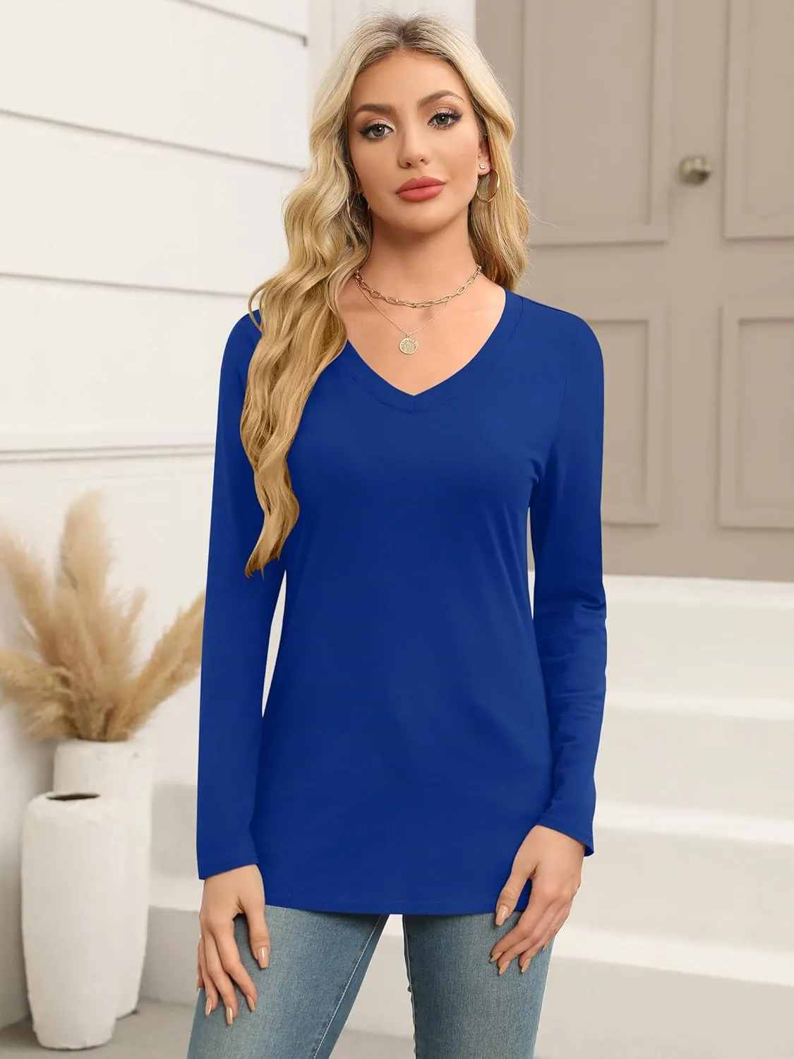 Elesomo Women Shirts V Neck Short/Long Sleeve Cotton Tops T-Shirt Basic Tees