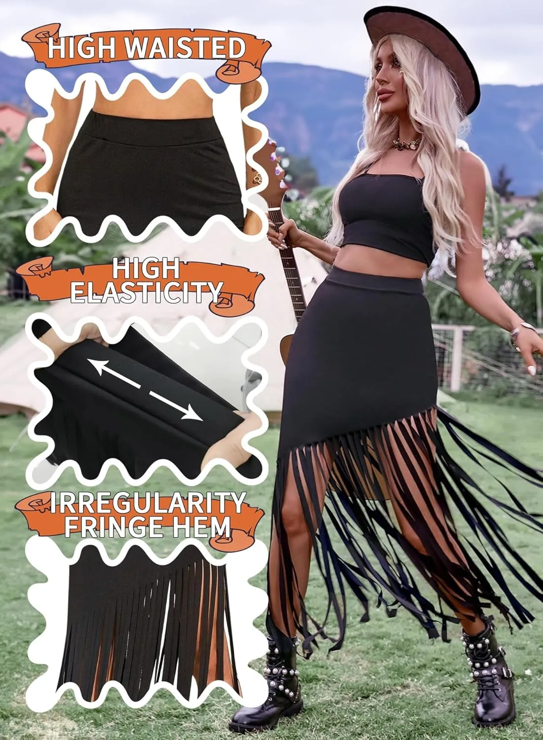 Ella Lust Womens Cowgirl Fringe Maxi Skirts - Western Country Concert Outfits Bodycon Hem Tassel High Waist Long Pencil Skirt