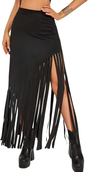 Ella Lust Womens Cowgirl Fringe Maxi Skirts - Western Country Concert Outfits Bodycon Hem Tassel High Waist Long Pencil Skirt