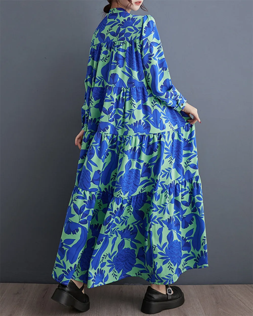 ellazhu Women's Baggy Buttons Pleated Print Floral Swing Dress GZ111