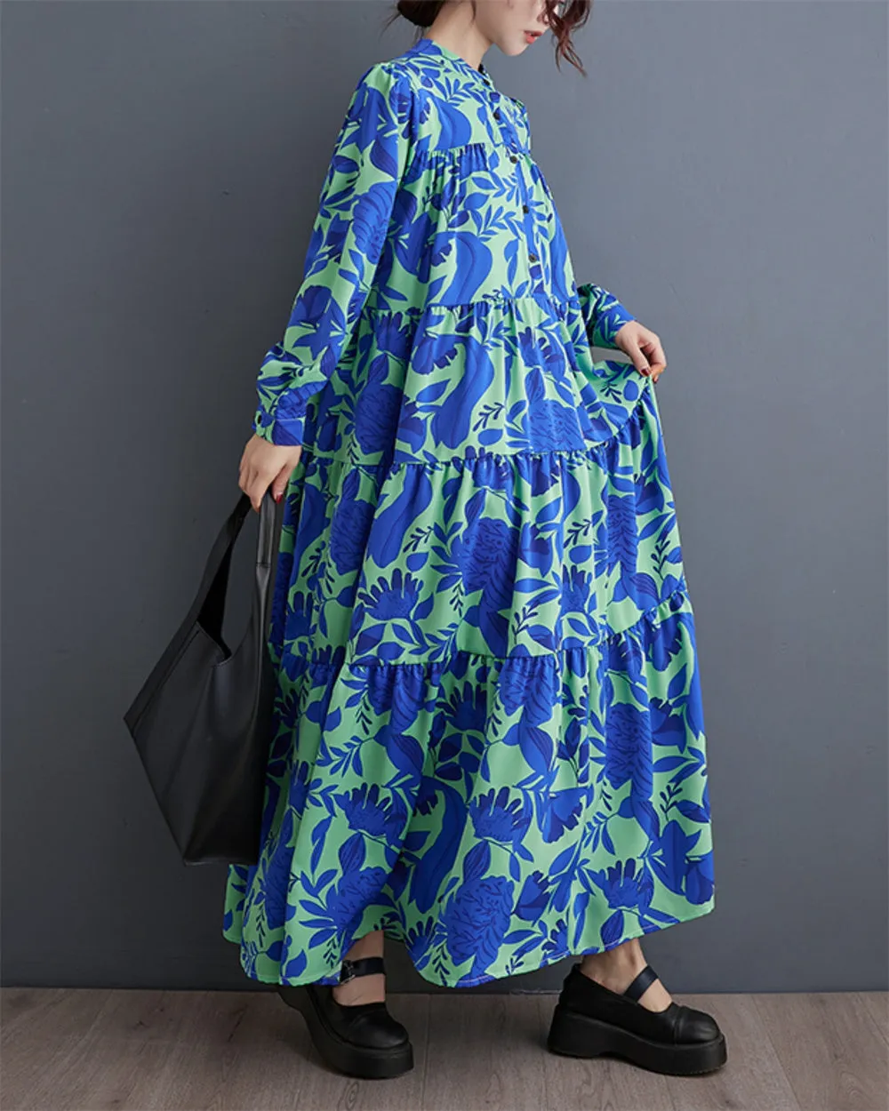 ellazhu Women's Baggy Buttons Pleated Print Floral Swing Dress GZ111