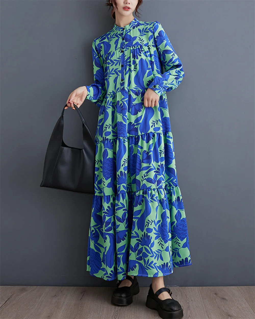 ellazhu Women's Baggy Buttons Pleated Print Floral Swing Dress GZ111