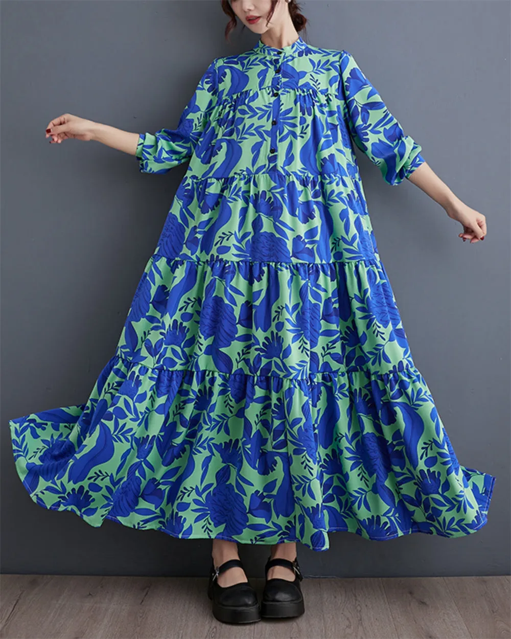 ellazhu Women's Baggy Buttons Pleated Print Floral Swing Dress GZ111
