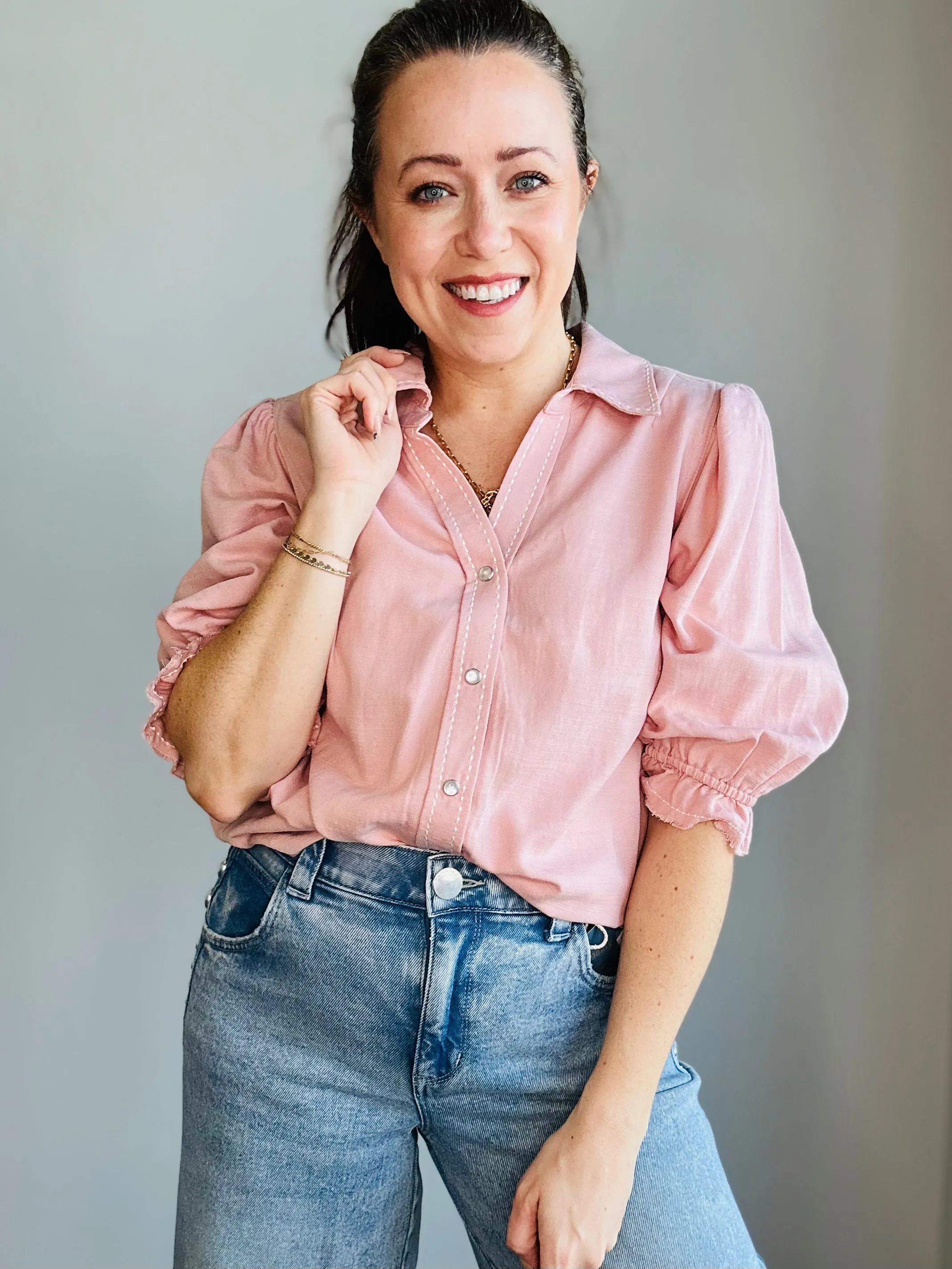 Embroidered Detail 3/4 Sleeve Button-Up Blouse