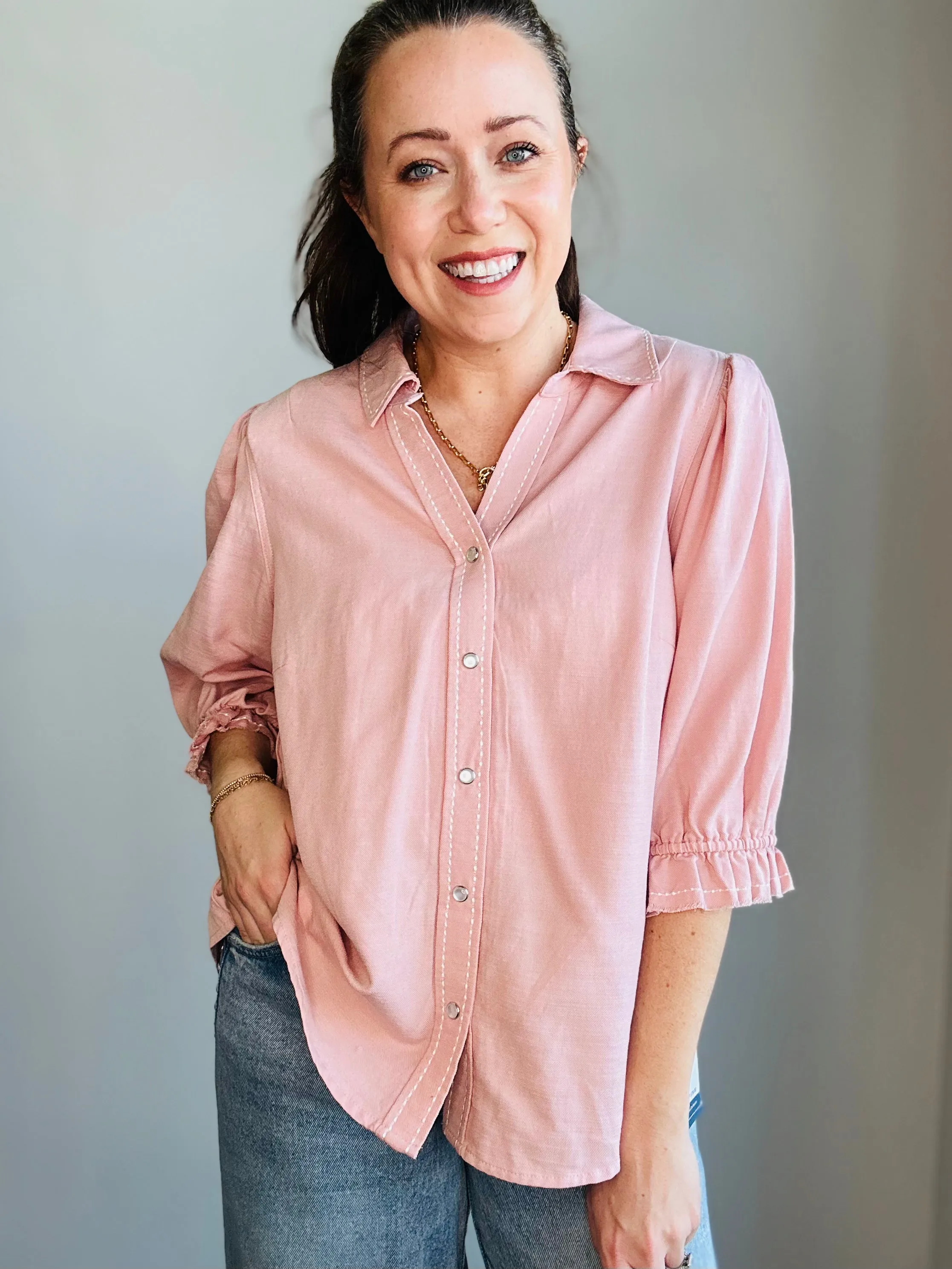 Embroidered Detail 3/4 Sleeve Button-Up Blouse