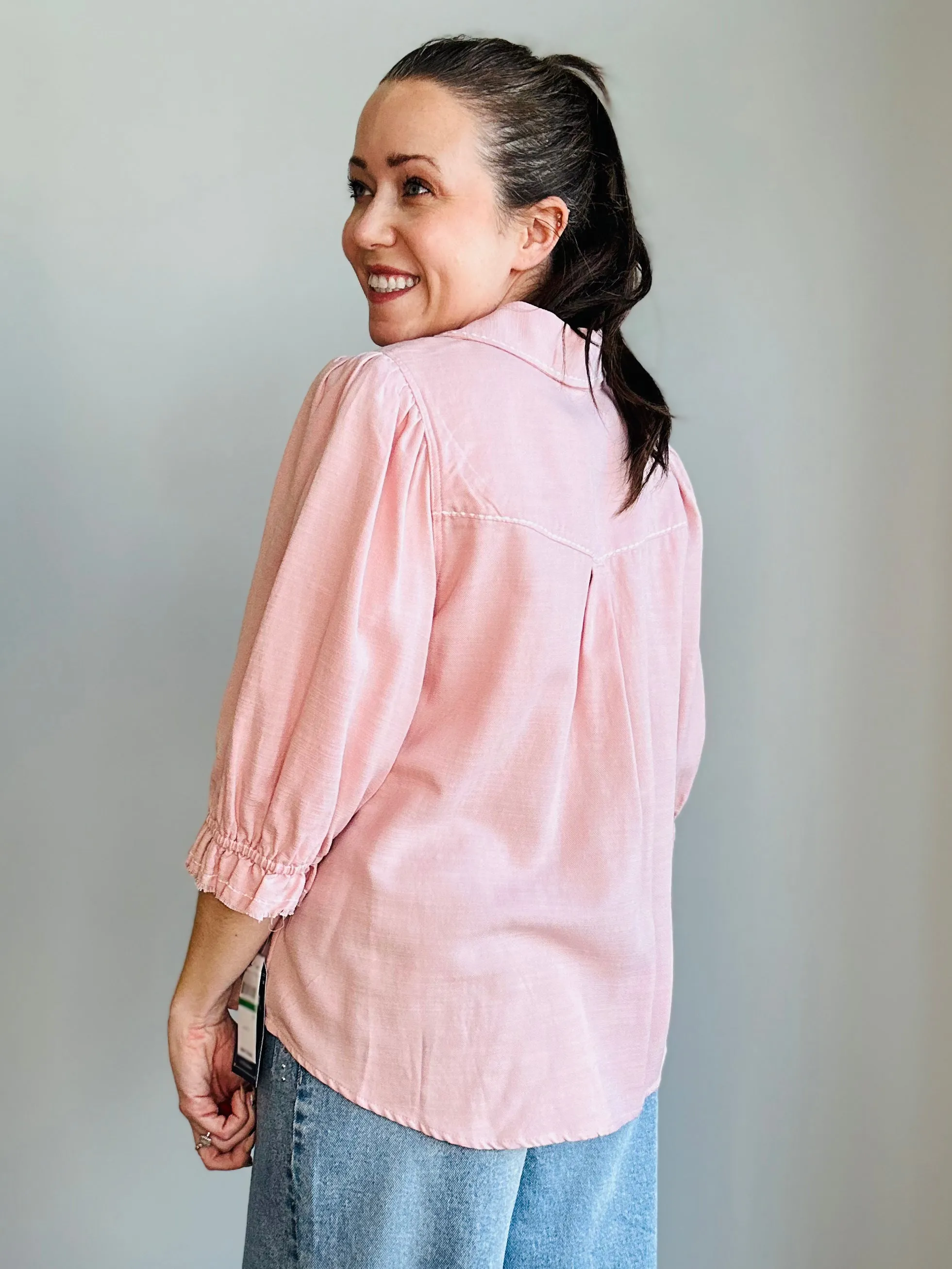 Embroidered Detail 3/4 Sleeve Button-Up Blouse