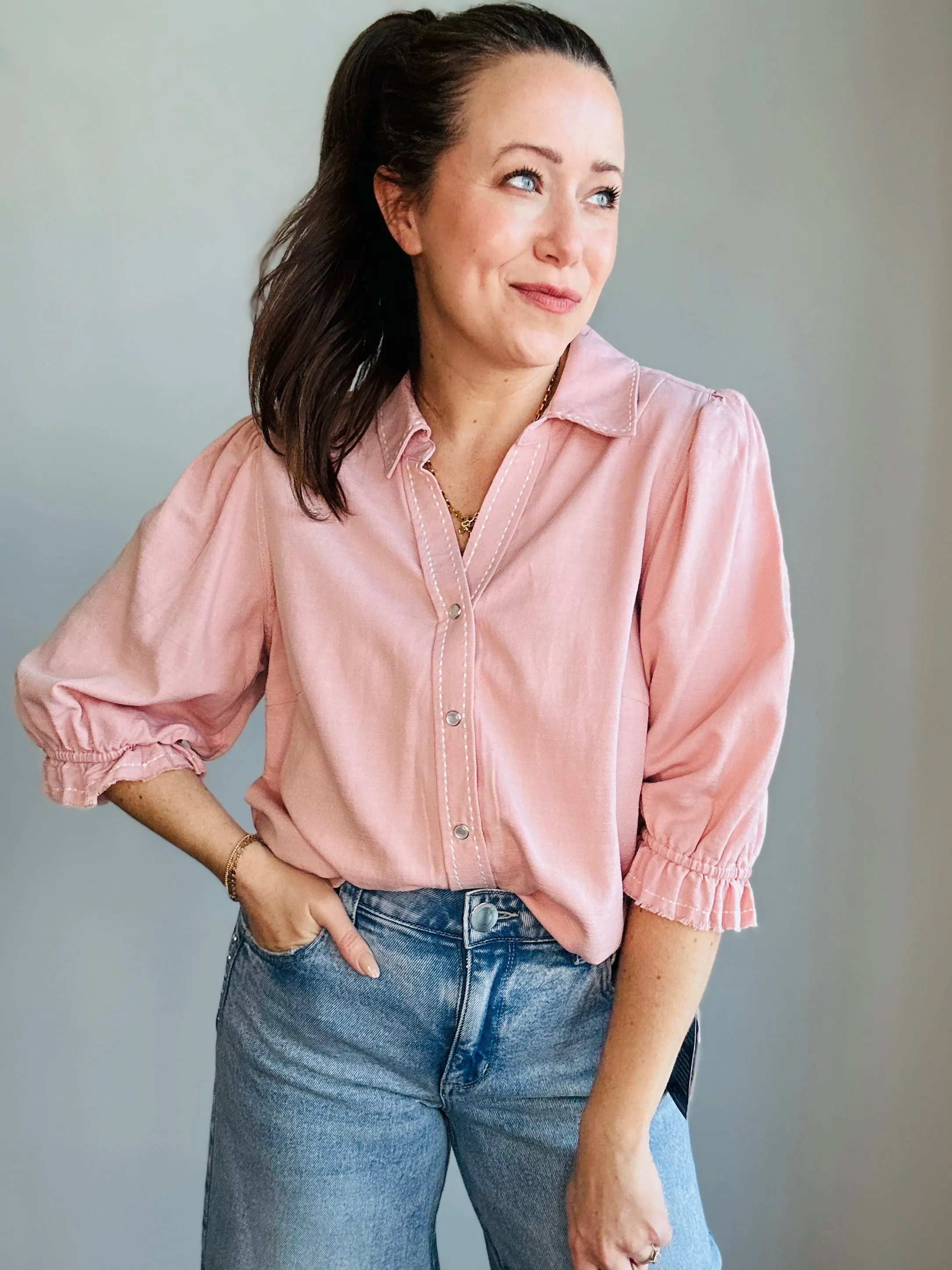Embroidered Detail 3/4 Sleeve Button-Up Blouse