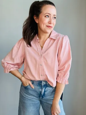 Embroidered Detail 3/4 Sleeve Button-Up Blouse