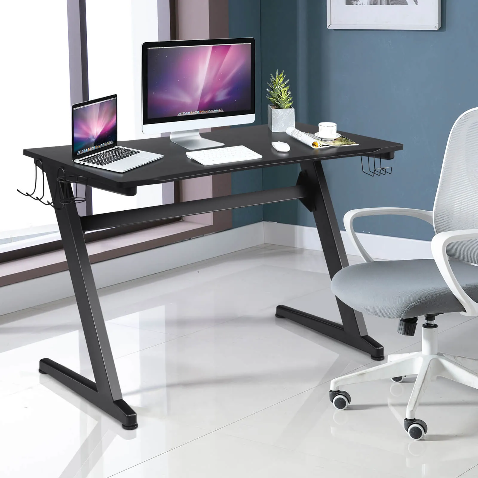Ergonomic Gaming Computer Desk with Cup and Headphone Holder
