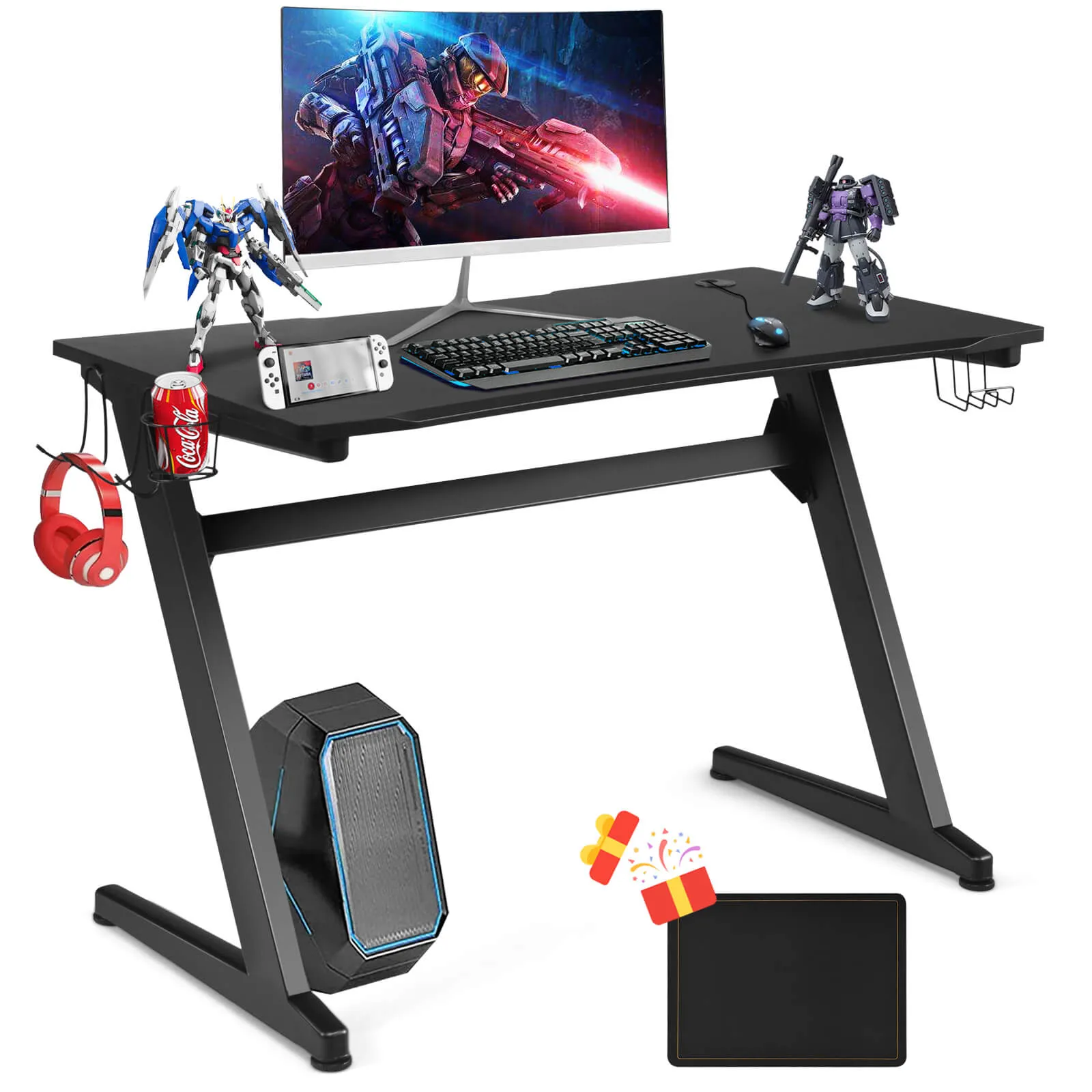 Ergonomic Gaming Computer Desk with Cup and Headphone Holder