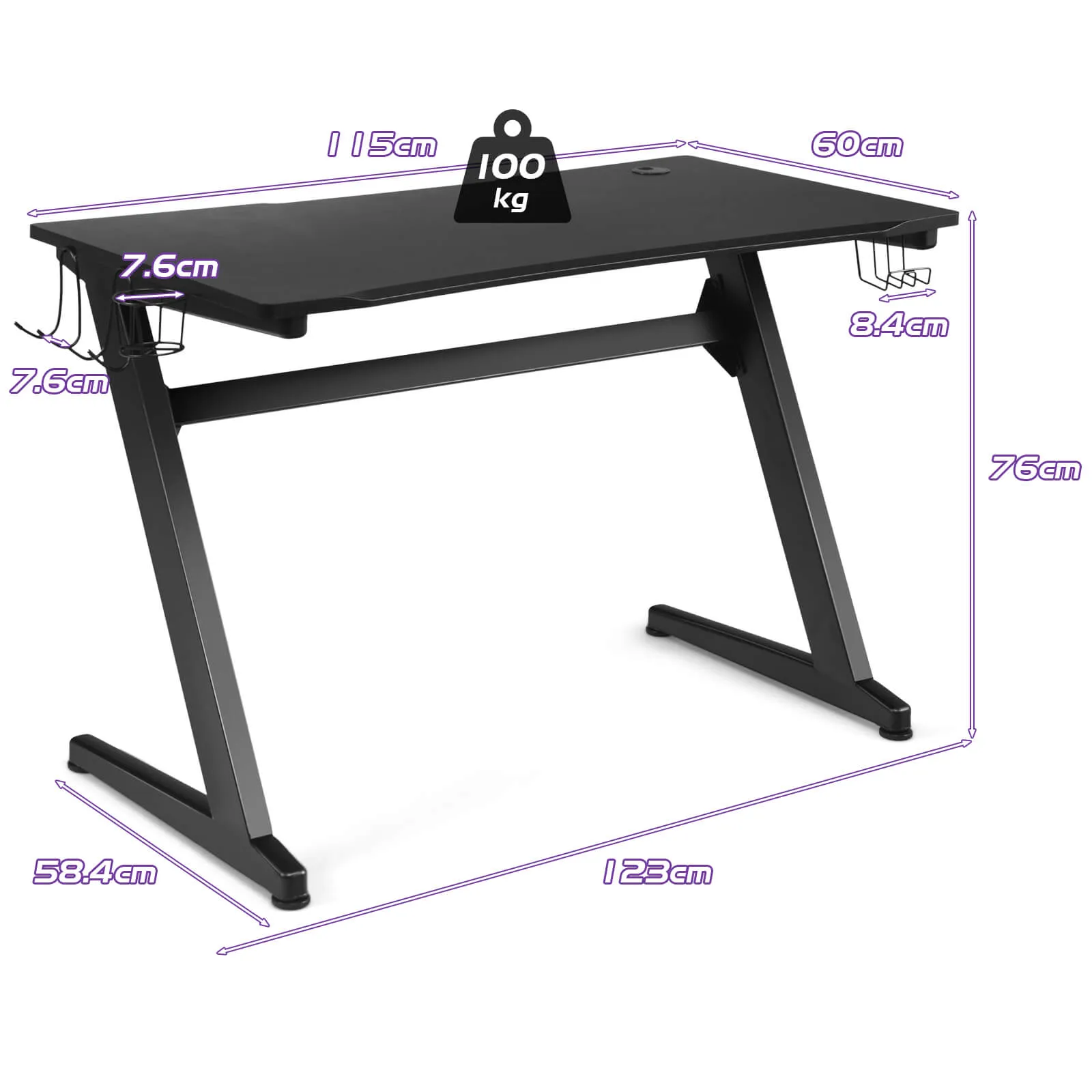 Ergonomic Gaming Computer Desk with Cup and Headphone Holder