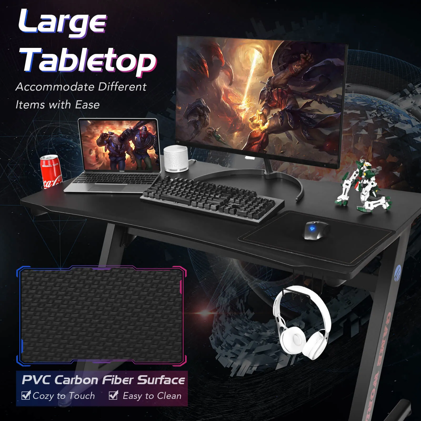 Ergonomic Gaming Computer Desk with Cup and Headphone Holder