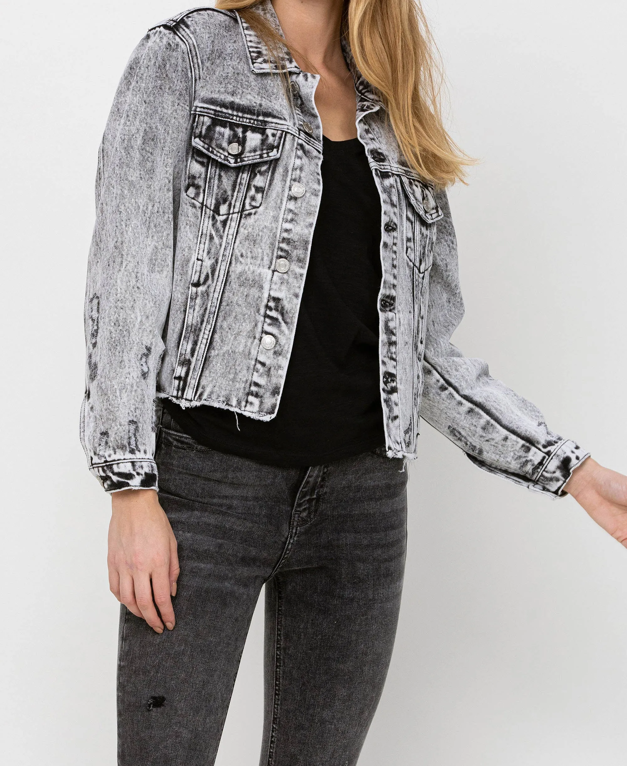 Escala - Distressed Black Acid Wash Classic Crop Jacket