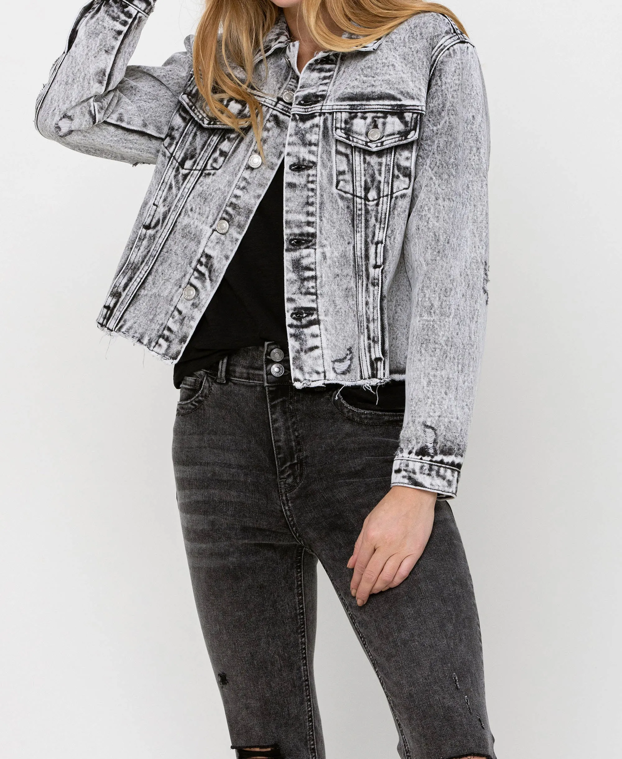 Escala - Distressed Black Acid Wash Classic Crop Jacket