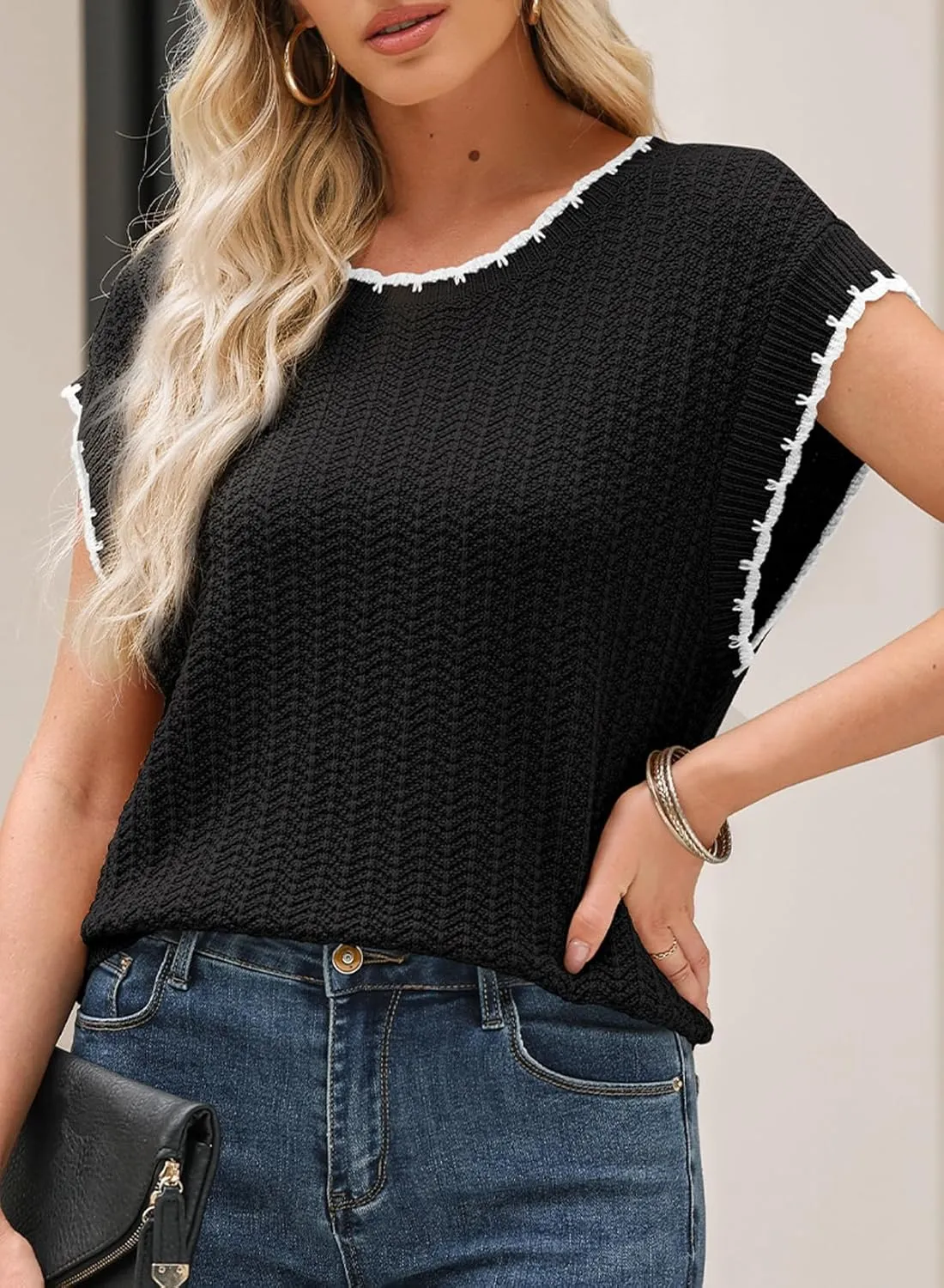 EVALESS Womens Cap Sleeve Sweater Vest Crewneck Short Sleeve Sweaters 2025 Spring Summer Trendy Casual Knit Tops