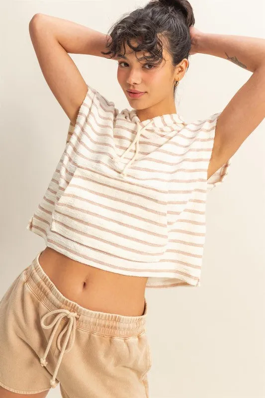 Everly Striped Short Sleeve Pullover Hoodie Top