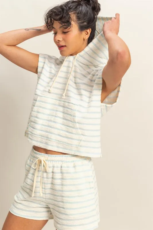 Everly Striped Short Sleeve Pullover Hoodie Top