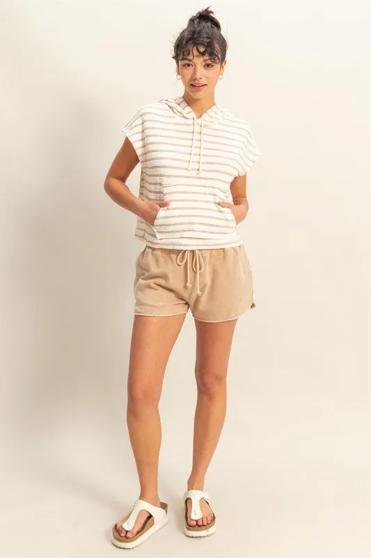 Everly Striped Short Sleeve Pullover Hoodie Top