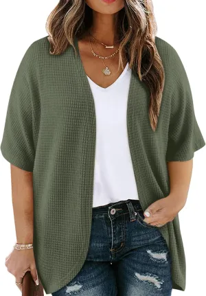 Eytino Womens Plus Size Cardigan Casual Short Sleeve Waffle Knit Kimono Open Front Tops(1X-5X)