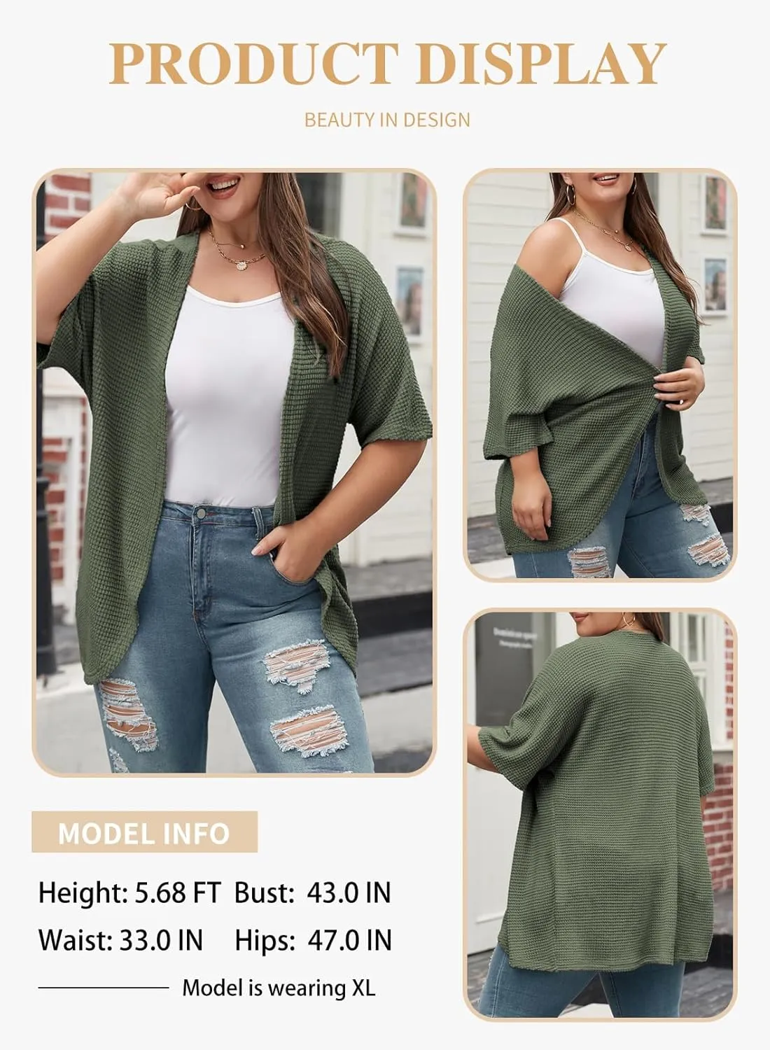 Eytino Womens Plus Size Cardigan Casual Short Sleeve Waffle Knit Kimono Open Front Tops(1X-5X)