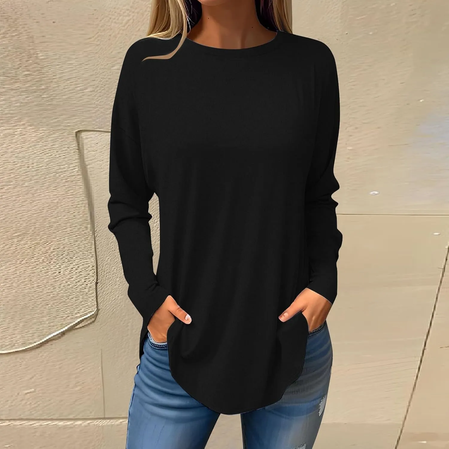 Fall Tops for Women Long Sleeve Round Neck Shirts Basic Tee Casual Top Fall Trendy Tunic Outfits Fitted T Shirts