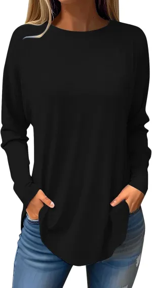 Fall Tops for Women Long Sleeve Round Neck Shirts Basic Tee Casual Top Fall Trendy Tunic Outfits Fitted T Shirts
