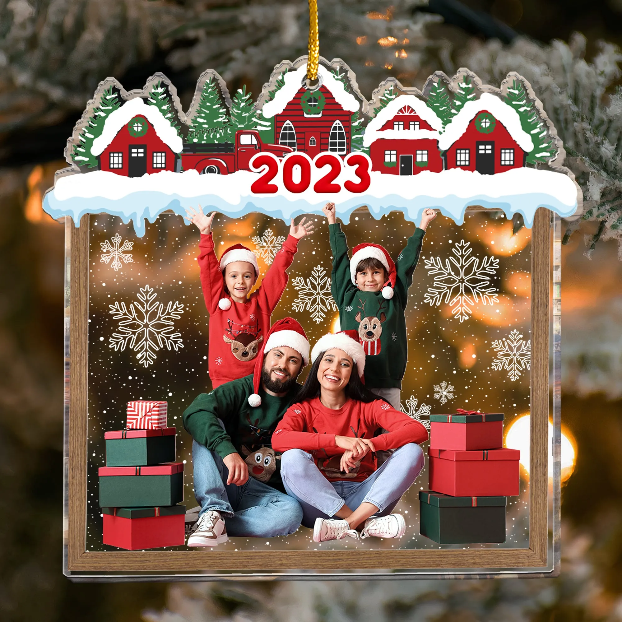 Family Beautiful Christmas Town Village View - Personalized Acrylic Photo Ornament