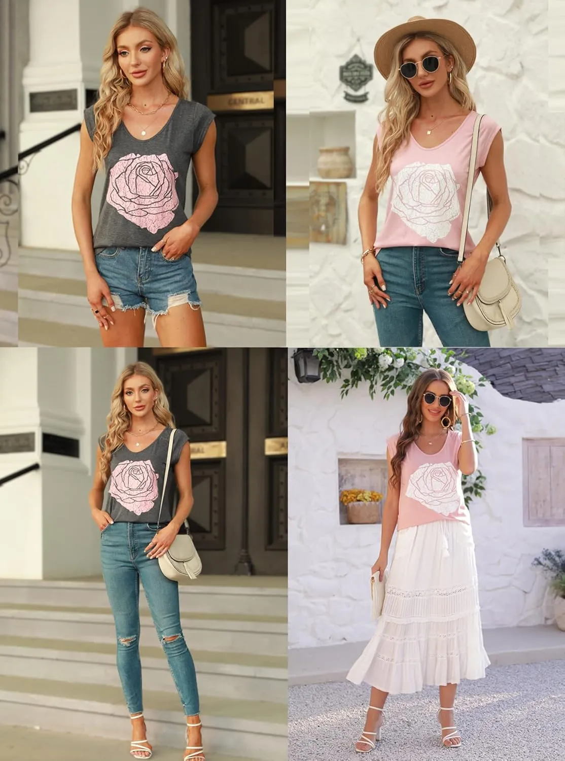 Fazortev Womens Cap Sleeve Blouses Rose Graphic Tees T-Shirt Casual V Neck Tank Tops Loose Fit Summer Basic Shirts