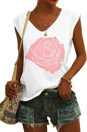 Fazortev Womens Cap Sleeve Blouses Rose Graphic Tees T-Shirt Casual V Neck Tank Tops Loose Fit Summer Basic Shirts