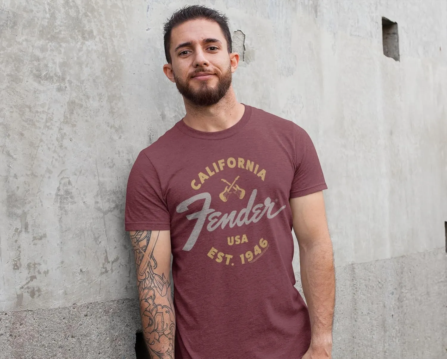 Fender California 1946 Adult Maroon Heather T Shirt American Made Guitars Vintage Style Graphic Tees