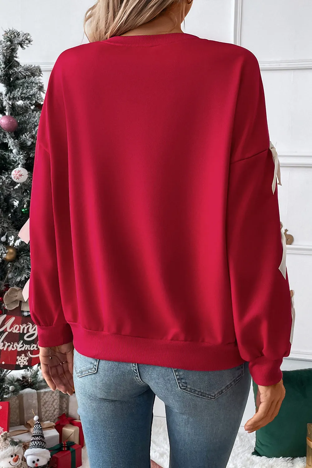Fiery Red Contrast Bow Decor Dropped Sleeve Crewneck Sweatshirt