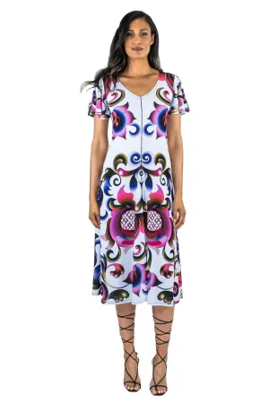 Fit and Flare V Neck Wing Sleeve Dress