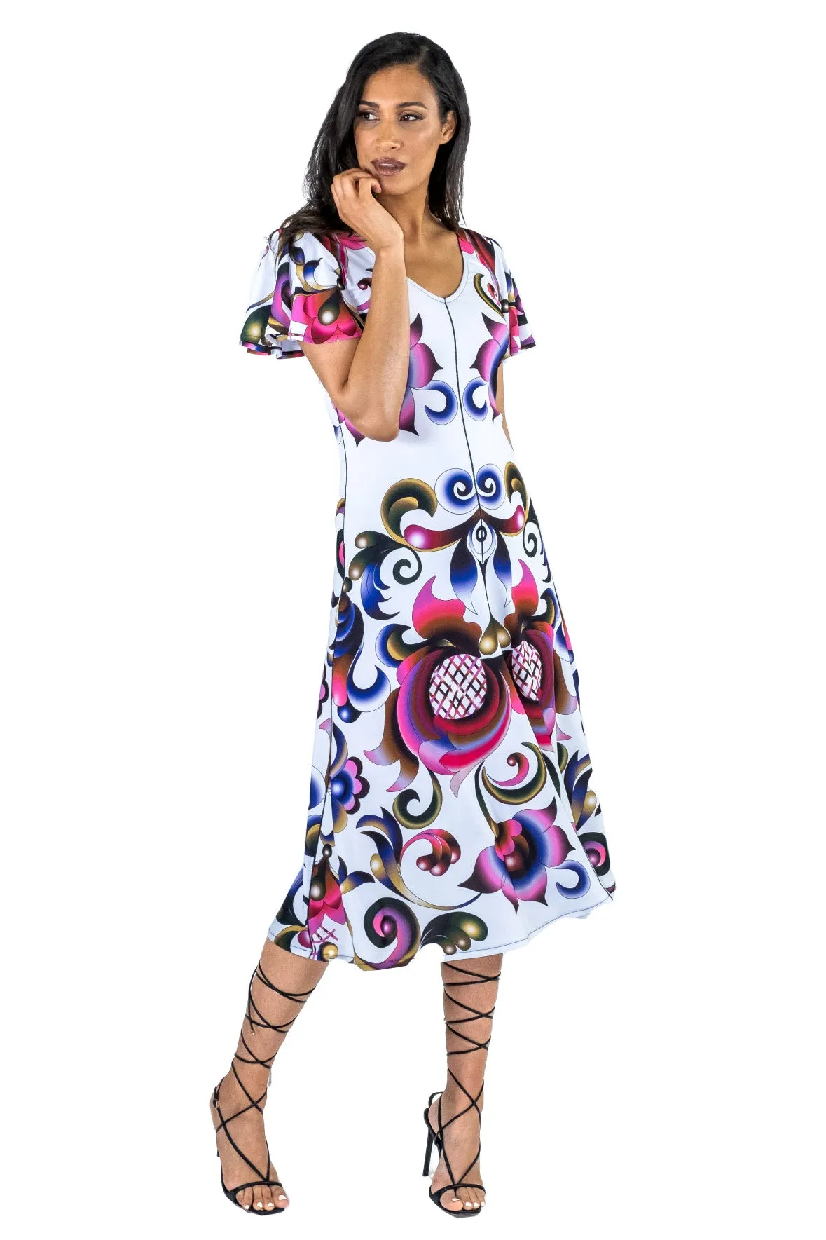 Fit and Flare V Neck Wing Sleeve Dress