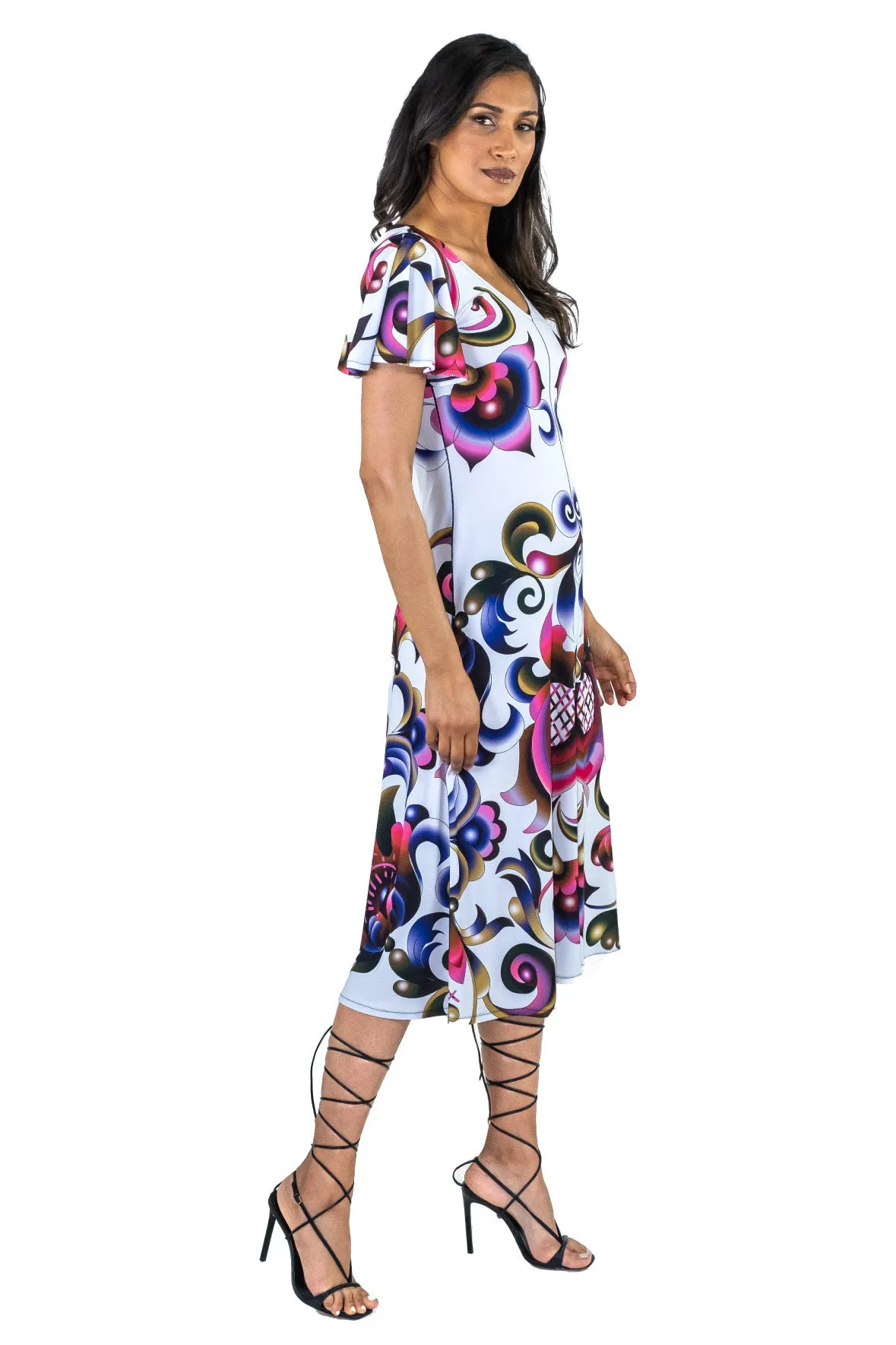 Fit and Flare V Neck Wing Sleeve Dress