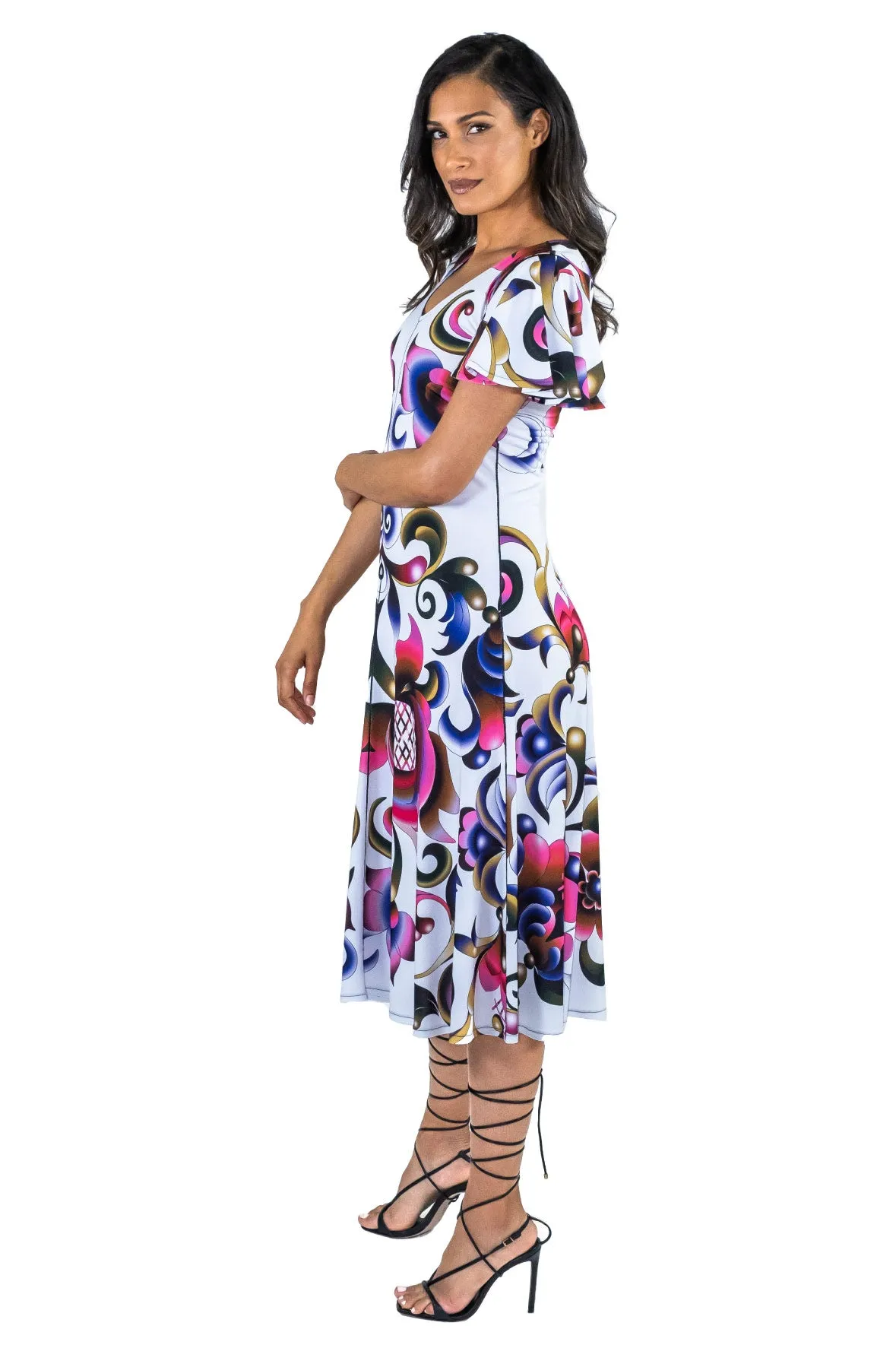 Fit and Flare V Neck Wing Sleeve Dress