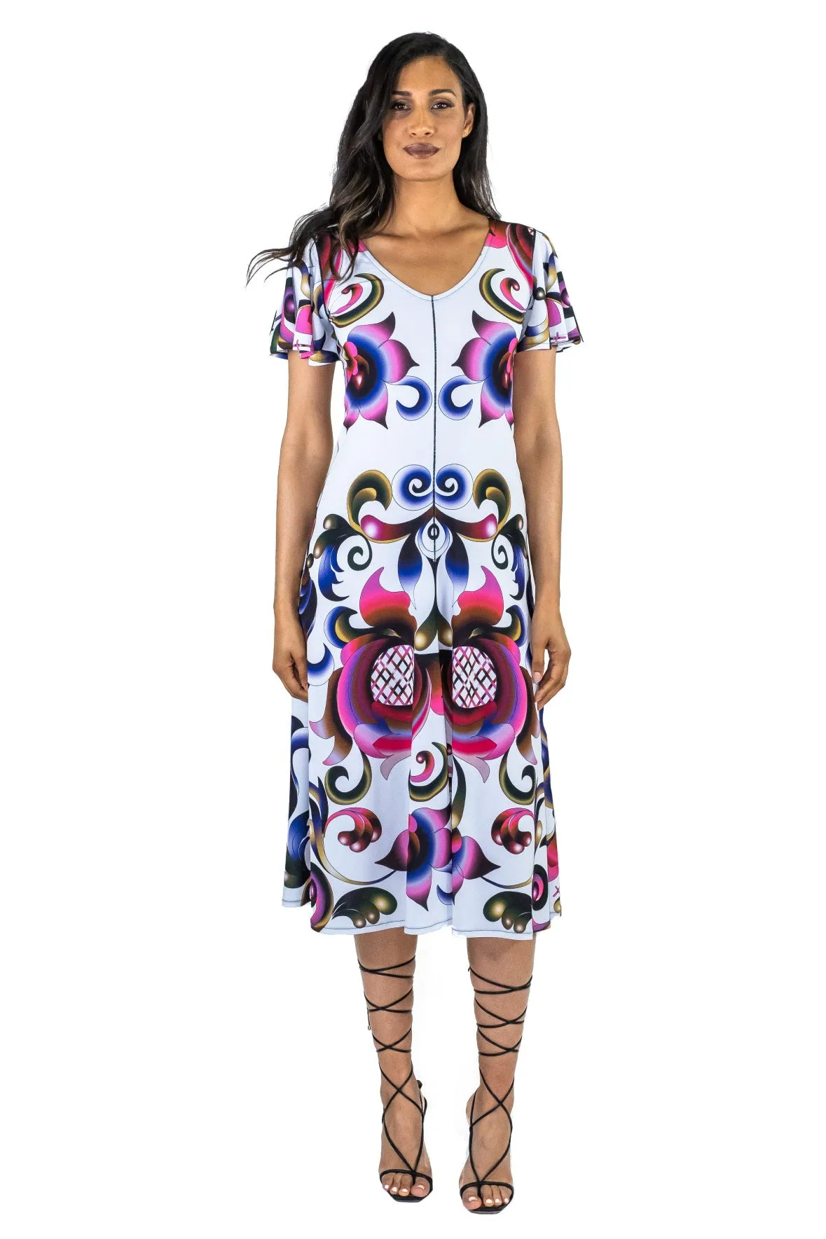 Fit and Flare V Neck Wing Sleeve Dress