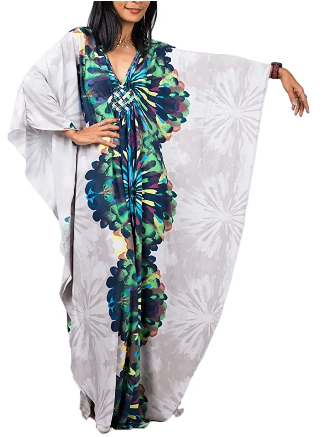 FloralPrint Plus Size Caftan with Batwing Sleeve