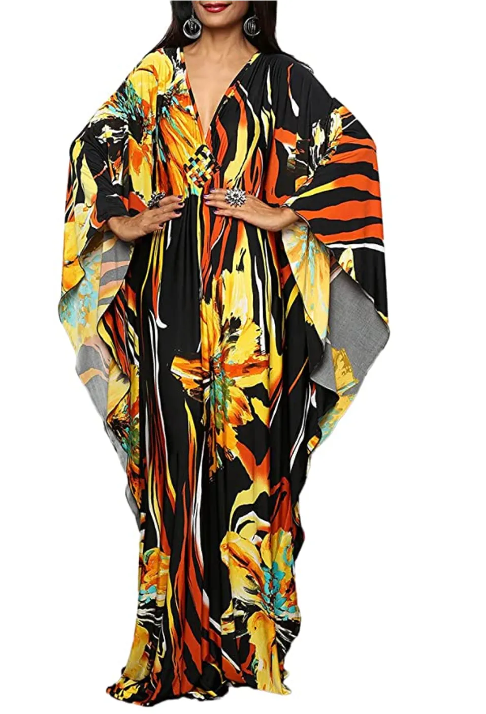 FloralPrint Plus Size Caftan with Batwing Sleeve
