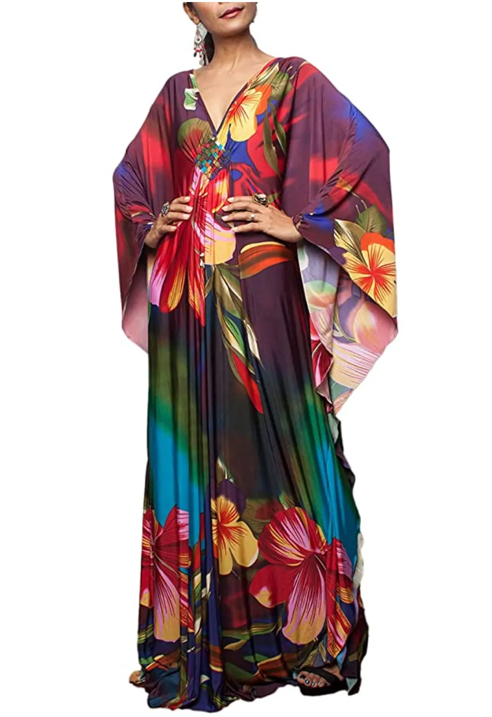 FloralPrint Plus Size Caftan with Batwing Sleeve